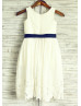 Ivory Cotton Eyelet Lace Flower Girl Dress With Navy Blue Sash